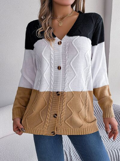 Cable-Knit Striped Button Up Cardigan