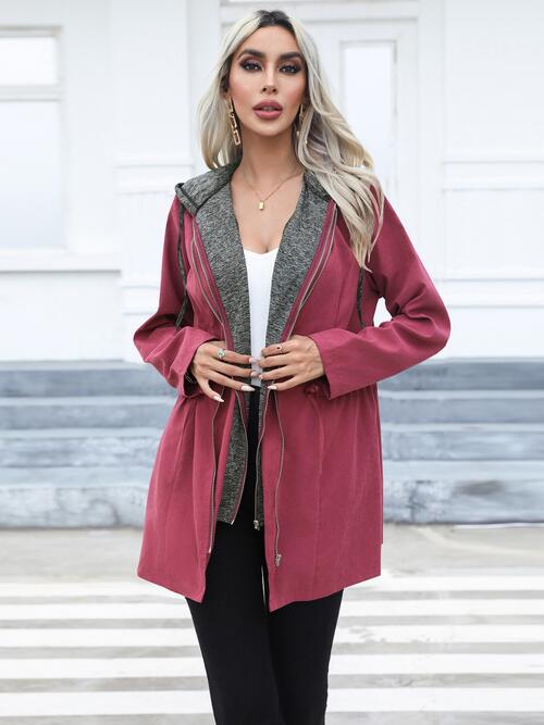 Zip Up Drawstring Hooded Trench Coat