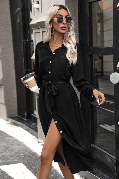 Tied Button Up Collared Neck Dress