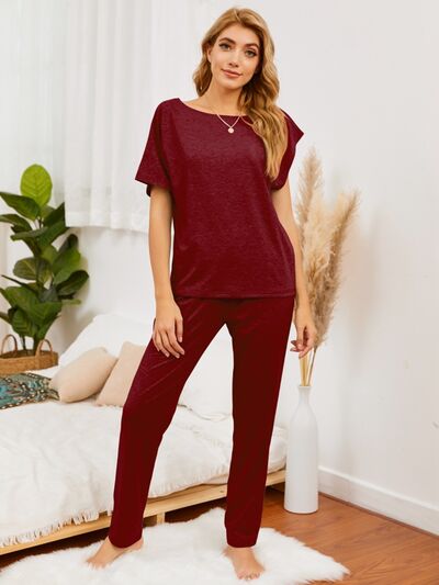 Short Sleeve Round Neck Top and Pants Lounge Set
