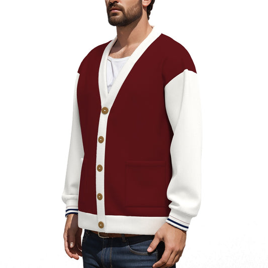 Maroon Unisex V-neck Knitted Fleece Cardigan With Button Closure