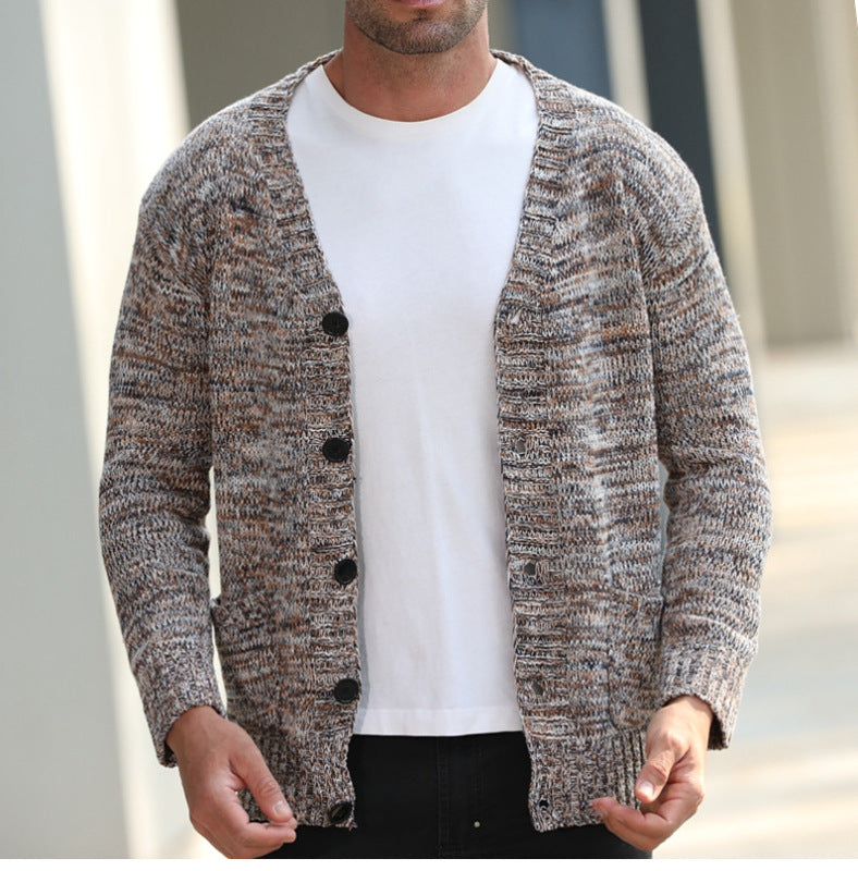 Men's thin mixed wool knitted long-sleeved thick-knit cardigan sweater