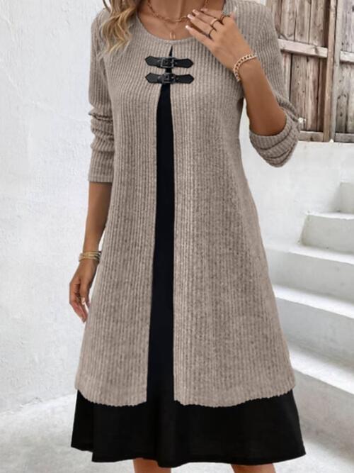 Contrast Ribbed Round Neck Long Sleeve Dress