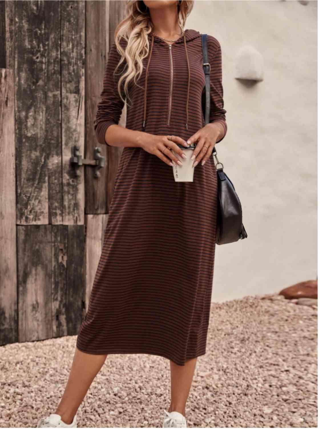Striped Zip Front Hooded Dress
