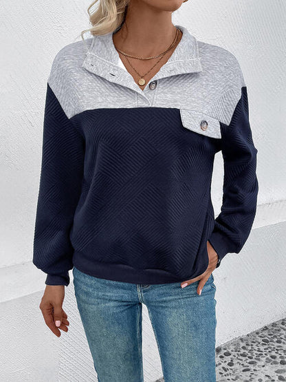 Textured Contrast Half Button Sweatshirt