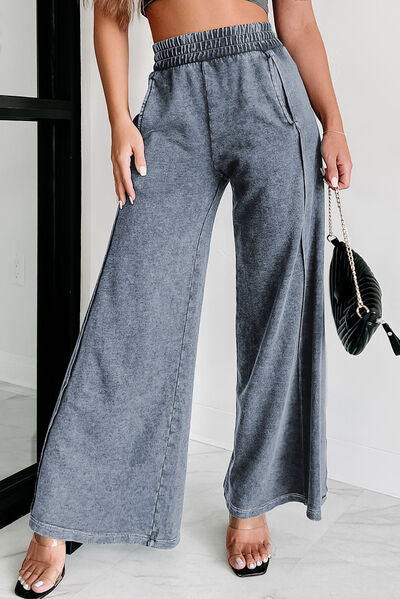 Elastic Waist Wide Leg Pants with Pockets