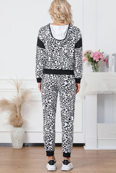 Leopard Contrast Hoodie and Pants Set