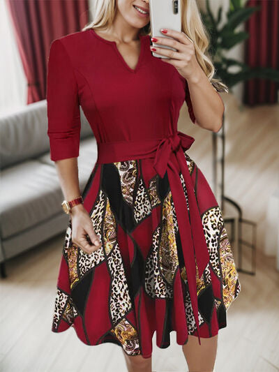 Plus Size Printed Tie Front Notched Long Sleeve Dress