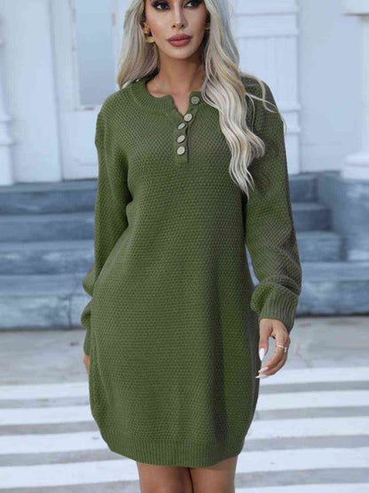 Buttoned Round Neck Long Sleeve Sweater Dress