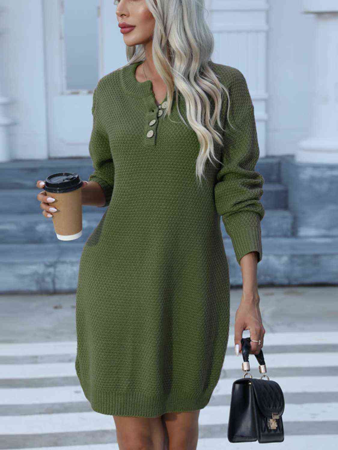 Buttoned Round Neck Long Sleeve Sweater Dress