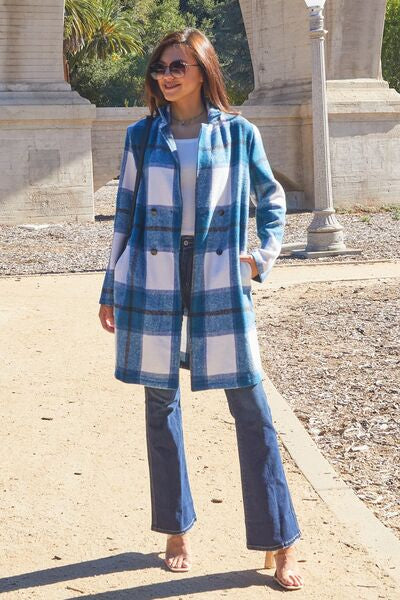 Double Take Full Size Plaid Button Up Lapel Collar Coat