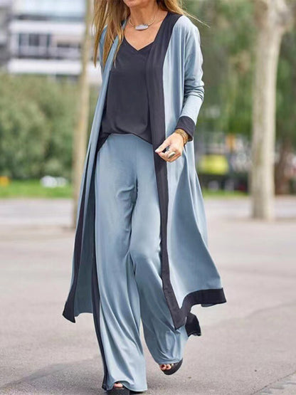 Women's Casual Contrasting Color Sleeveless Vest + Long Sleeve Cardigan Jacket + Trousers Three Sets