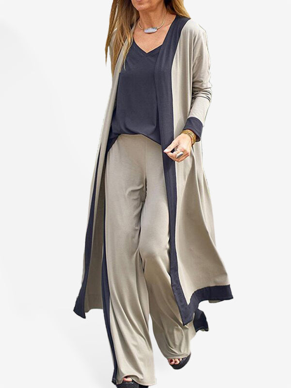 Women's Casual Contrasting Color Sleeveless Vest + Long Sleeve Cardigan Jacket + Trousers Three Sets