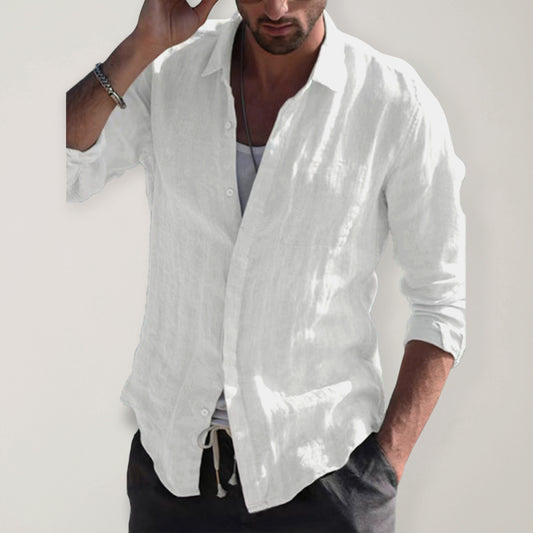 Casual long sleeved cotton linen solid color shirt