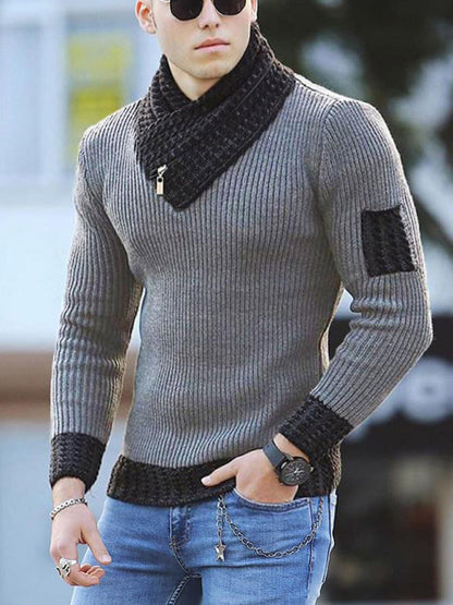 British Plus Size Men's Sweater Pullover Long Sleeve Scarf Turtleneck Men's Knitwear