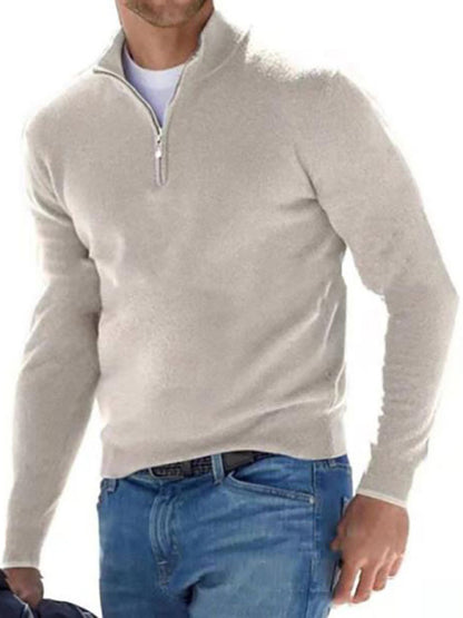 Long Sleeve V Neck Wool Fleece Zipper Men's Casual Top Polo Shirt