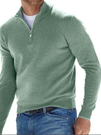 Long Sleeve V Neck Wool Fleece Zipper Men's Casual Top Polo Shirt