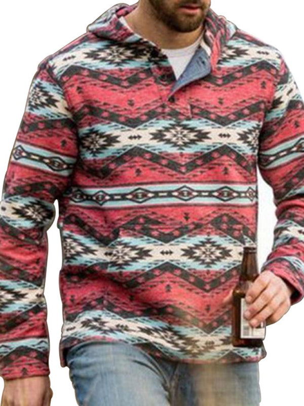 Men's retro geometric print long sleeve hoodie