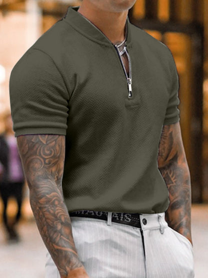Men's Solid Color Zipper Stand Collar Casual Short Sleeve T-Shirt