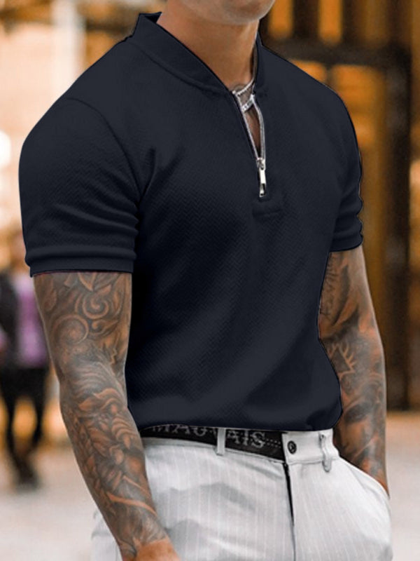 Men's Solid Color Zipper Stand Collar Casual Short Sleeve T-Shirt