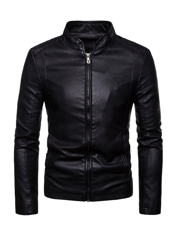 Men's motorcycle zipper stand collar leather jacket