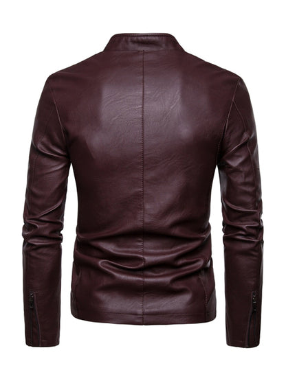 Men's motorcycle zipper stand collar leather jacket