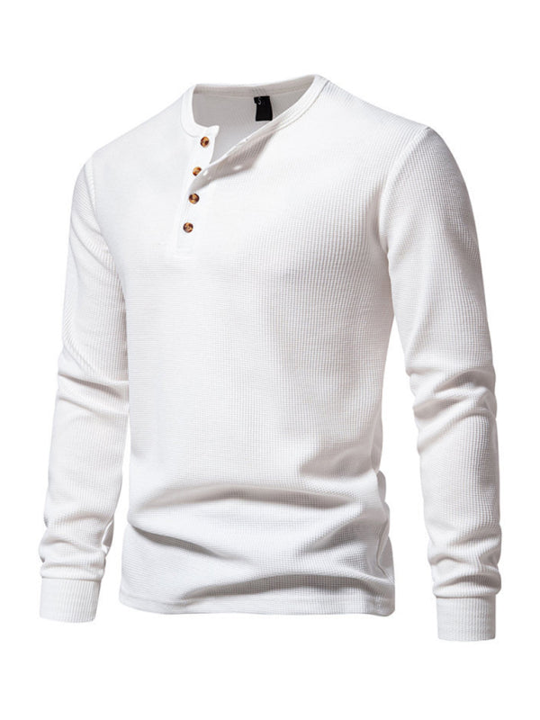 Men's Four Button Waffle Henley Neck Long Sleeve T-Shirt