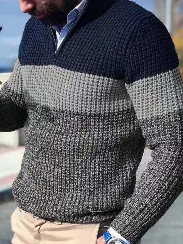 Men's stand-up collar zippered half-platform color-blocked casual V-neck sweater