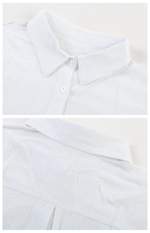 Linen Lapel Button Raglan Short Sleeve Shirt Curved Slit Hem Blouse