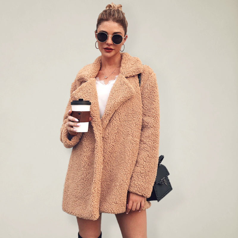 Autumn and winter fashion suit collar grain fleece long-sleeved women's top coat