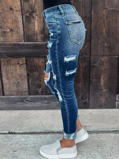 Stretch ripped denim trousers washed skinny feet tight buttocks fashion jeans for women