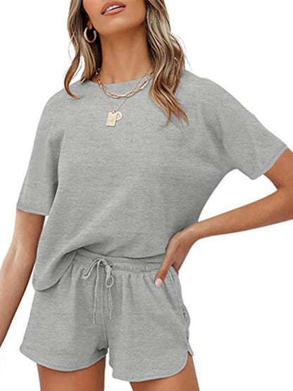 Women's Short Sleeve Loungewear Solid Color Casual Waffle Two-Piece Set