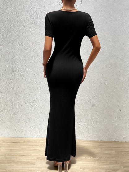 Elegant solid color round neck short-sleeved slim dress