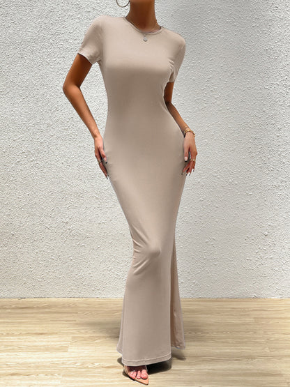 Elegant solid color round neck short-sleeved slim dress