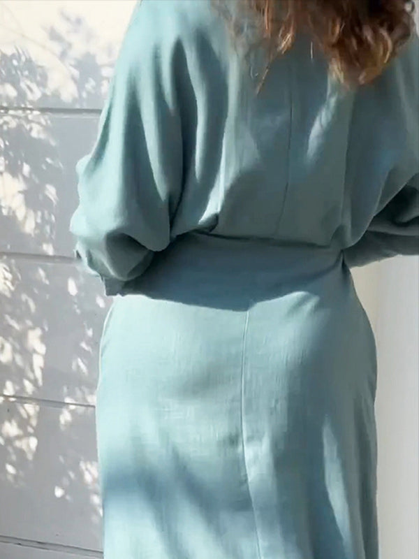 New temperament commuting lace-up solid color waist long-sleeved irregular shirt dress