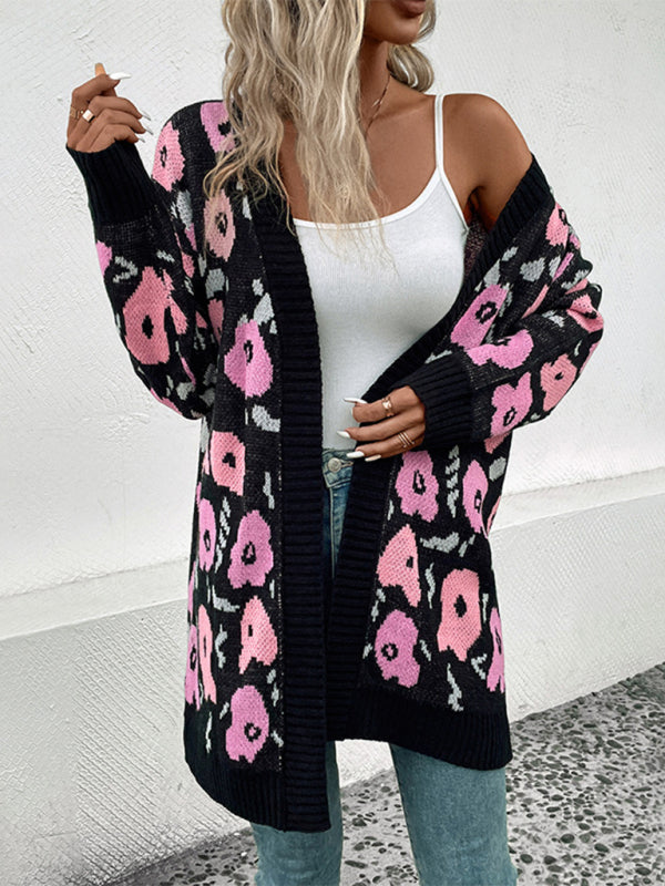 New Women's Long Sleeve Contrast Color Floral Knitted Sweater Cardigan