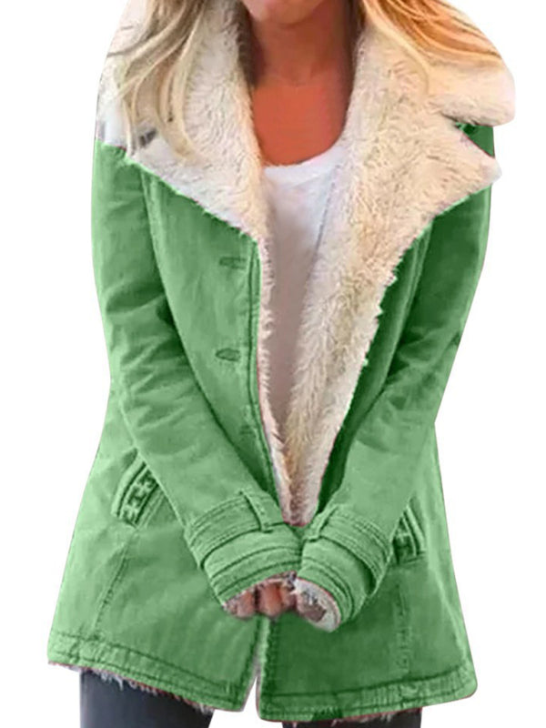 Autumn and winter solid color plush lapel mid-length coat