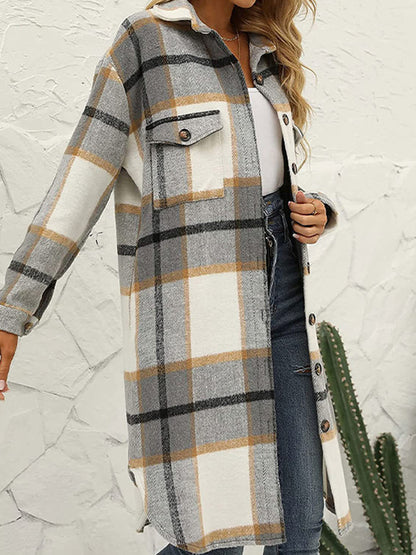 New long plaid lapel buttoned wool casual windbreaker jacket