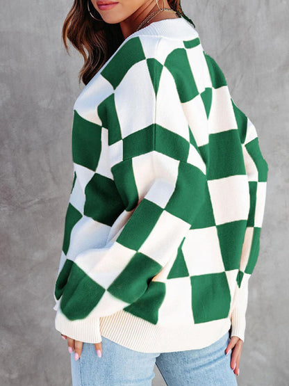 Women's Checkerboard Casual Loose Button Cardigan