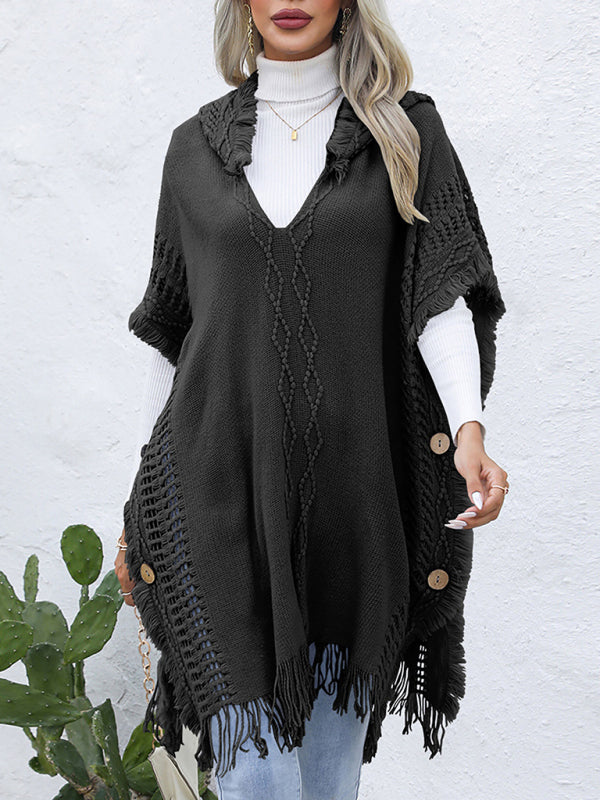 Women's casual loose V-tie hooded pullover mid-length sweater vest cloak top jacket