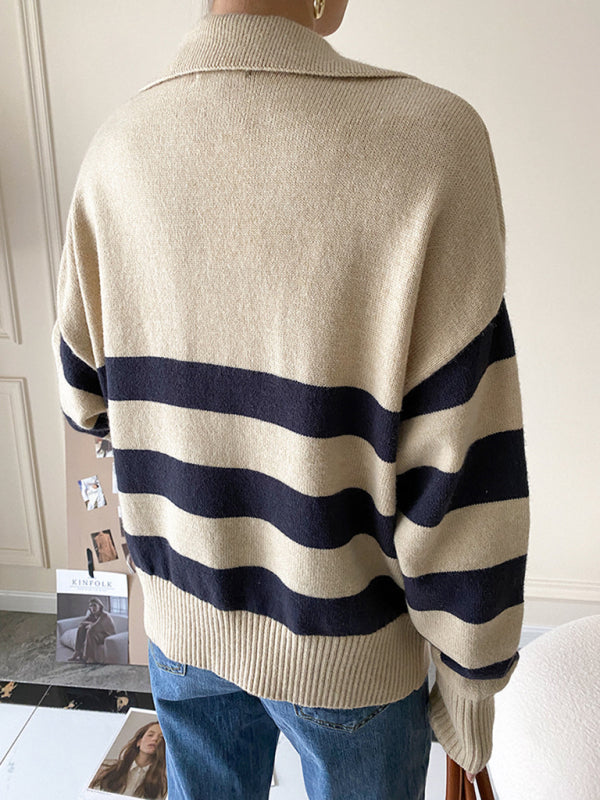 Women's casual polo large v-neck striped sweater