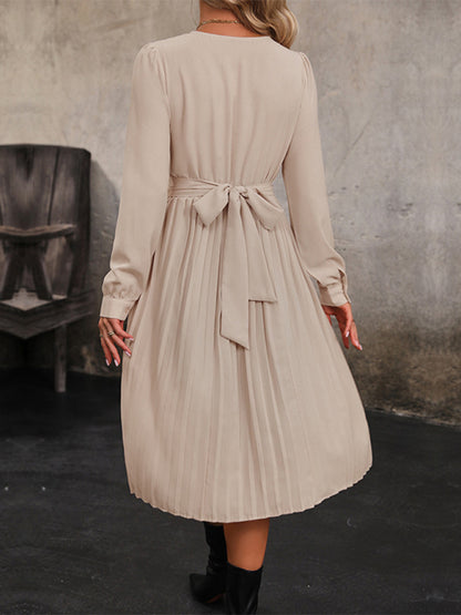 New women's long sleeve solid color pleated waist dress