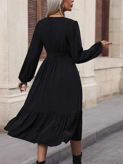 New women's long-sleeved solid color V-neck waist dress