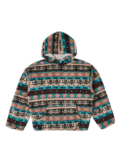 Ethnic pattern loose teddy fur hooded sweatshirt