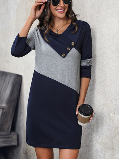 New women's casual color block long sleeve sweatshirt dress