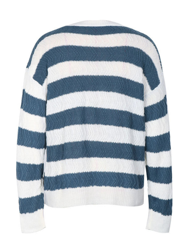 Women's new round neck long sleeve striped sweater