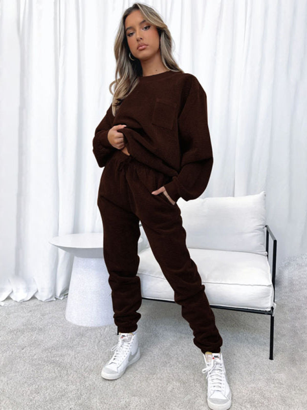 Women's New Corduroy Solid Color Round Neck Pullover Long Sleeve Pants Two-piece Set