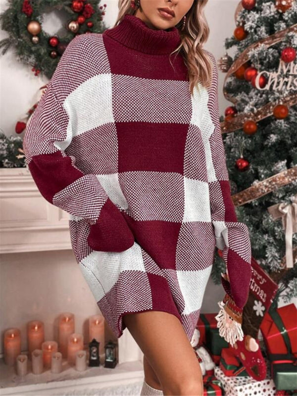 Christmas turtleneck loose slimming plaid contrast sweater dress