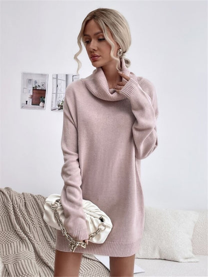 Women's new solid color loose turtleneck knitted sweater dress
