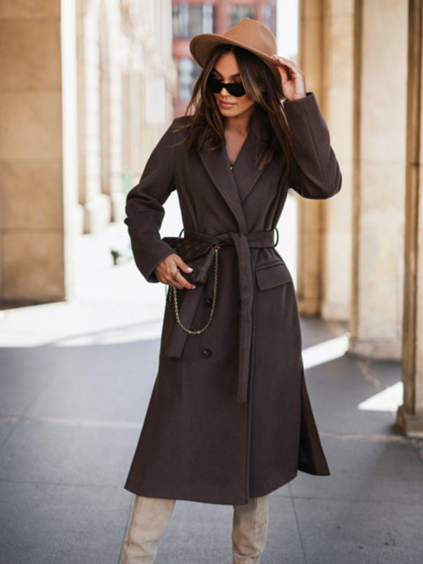 Women's simple long-sleeved solid color suit collar tie-up woolen jacket